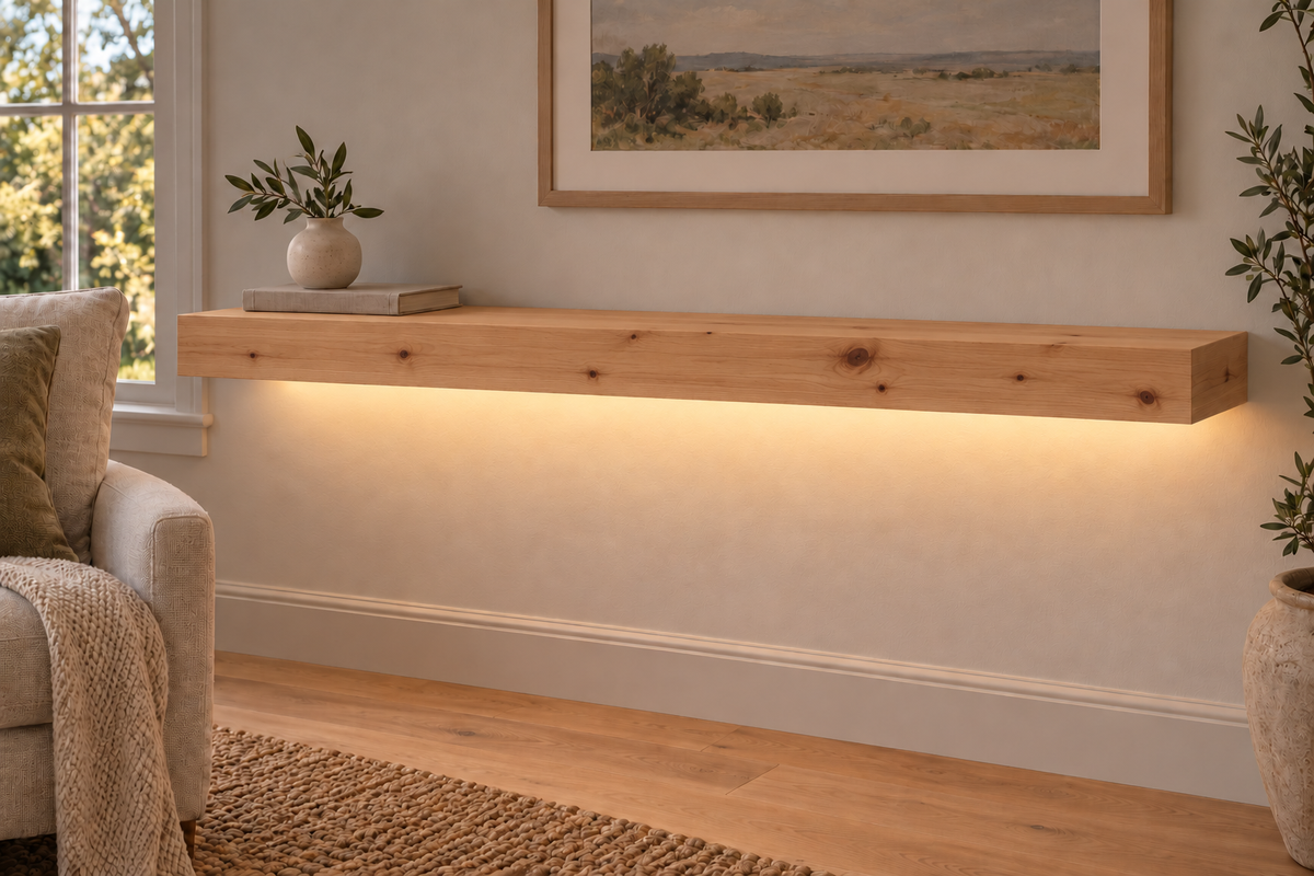 Gentry Stinson Knotty Alder Floating Shelf | 48″ long × 3″ thick | Standard Mount | Unfinished | LED Light Ready — Bottom Rear room view; LED tape and electrical components supplied separately