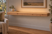 Gentry Stinson Knotty Alder Floating Shelf | 48″ long × 3″ thick | Standard Mount | Unfinished | LED Light Ready — Top Front room view; LED tape and electrical components supplied separately