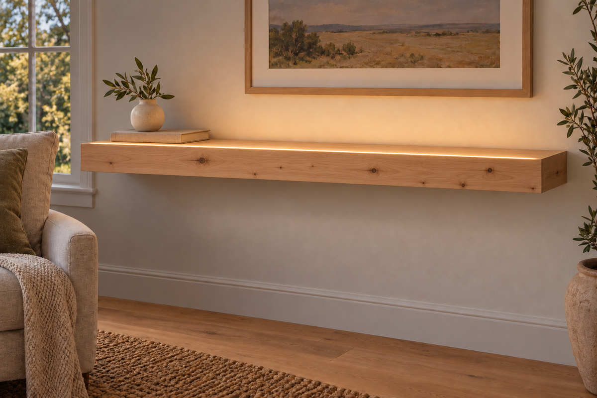 Gentry Stinson Knotty Alder Floating Shelf | 48″ long × 3″ thick | Standard Mount | Unfinished | LED Light Ready — Top Front room view; LED tape and electrical components supplied separately
