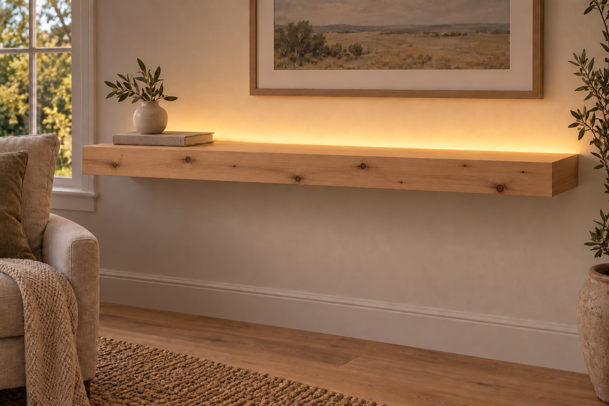 Gentry Stinson Knotty Alder Floating Shelf | 48″ long × 3″ thick | Standard Mount | Unfinished | LED Light Ready — Top Rear room view; LED tape and electrical components supplied separately