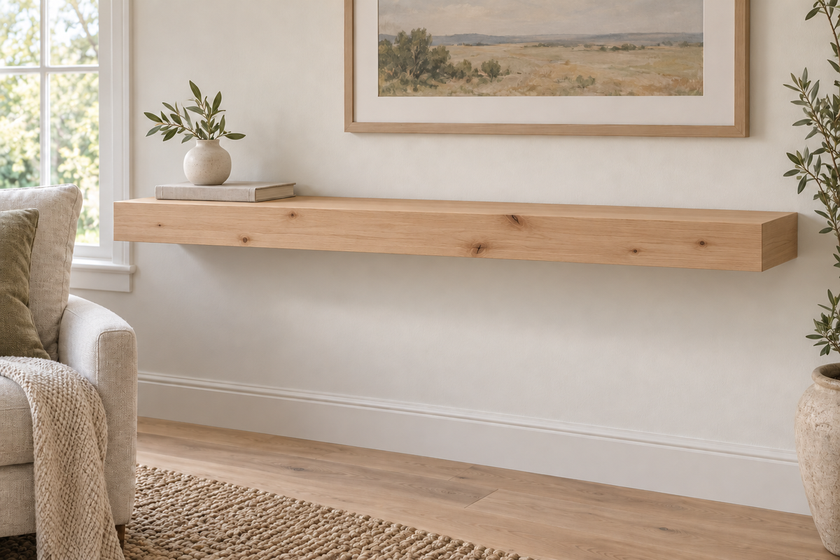 Gentry Stinson Knotty Alder Floating Shelf | 48″ long × 3″ thick | Standard Mount | Unfinished — unlit living-room rendering