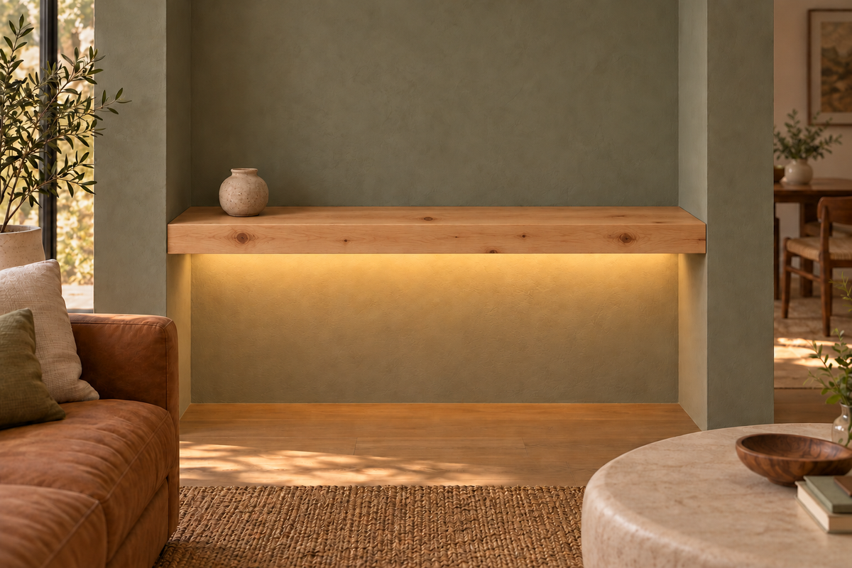 Gentry Stinson Knotty Alder Floating Shelf | 48″ long × 3″ thick | Wall to Wall | Unfinished | LED Light Ready — Bottom Rear room rendering; LED tape and electrical components supplied separately