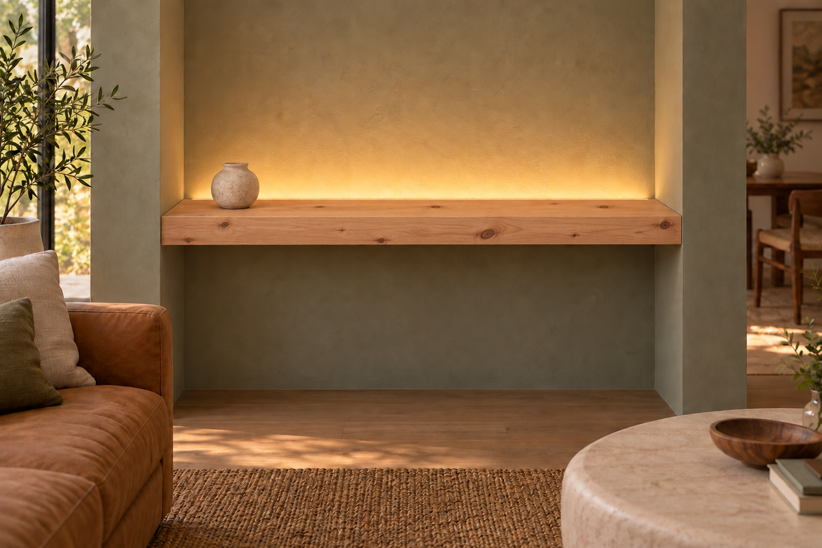 Gentry Stinson Knotty Alder Floating Shelf | 48″ long × 3″ thick | Wall to Wall | Unfinished | LED Light Ready — Top Rear room rendering; LED tape and electrical components supplied separately
