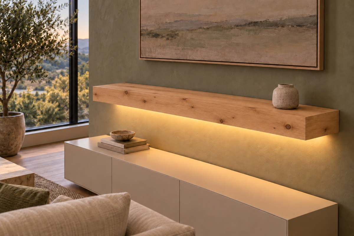 Gentry Stinson Knotty Alder Floating Shelf | 48″ long × 4″ thick | Standard Mount | Unfinished | LED Light Ready — Bottom Front room view; LED tape and electrical components supplied separately