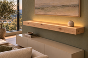 Gentry Stinson Knotty Alder Floating Shelf | 48″ long × 4″ thick | Standard Mount | Unfinished | LED Light Ready — Top Front room view; LED tape and electrical components supplied separately