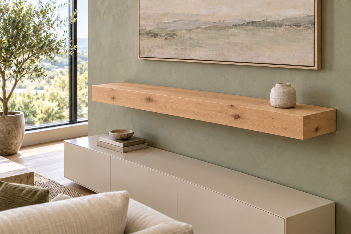 Gentry Stinson Knotty Alder Floating Shelf | 48″ long × 4″ thick | Standard Mount | Unfinished — unlit living-room rendering