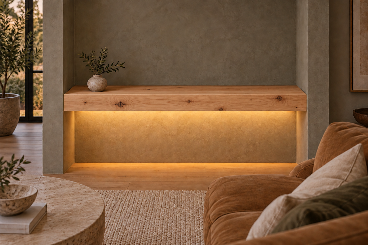 Gentry Stinson Knotty Alder Floating Shelf | 48″ long × 4″ thick | Wall to Wall | Unfinished | LED Light Ready — Bottom Rear room rendering; LED tape and electrical components supplied separately