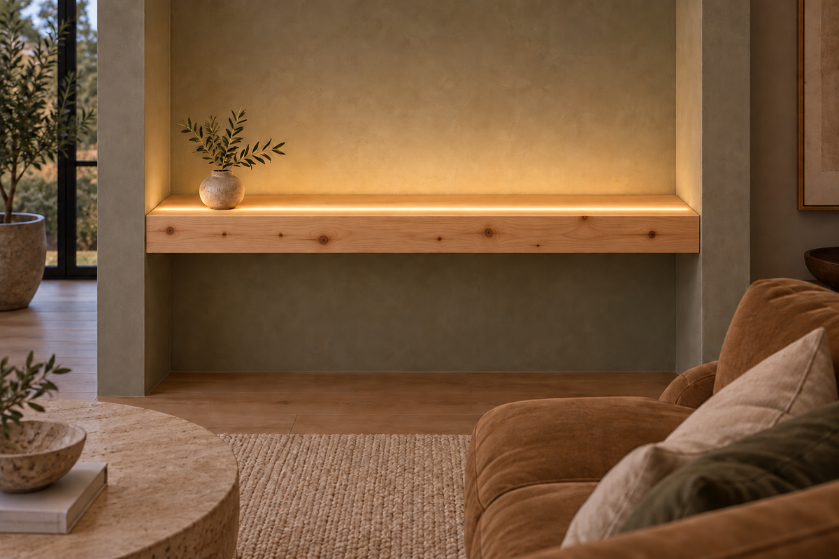 Gentry Stinson Knotty Alder Floating Shelf | 48″ long × 4″ thick | Wall to Wall | Unfinished | LED Light Ready — Top Front room rendering; LED tape and electrical components supplied separately