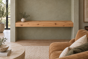 Gentry Stinson Knotty Alder Floating Shelf | 48″ long × 4″ thick | Wall to Wall | Unfinished — unlit living-room rendering