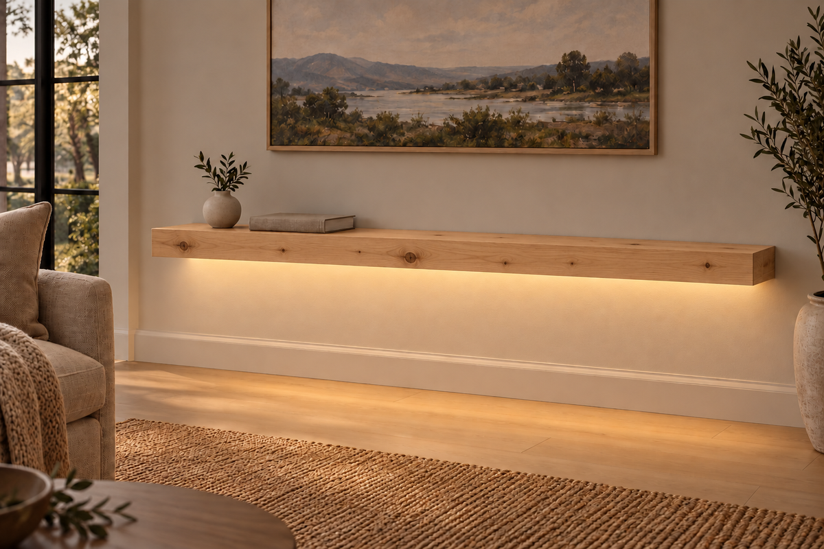 Gentry Stinson Knotty Alder Floating Shelf | 54″ long × 3″ thick | Standard Mount | Unfinished | LED Light Ready — Bottom Front lighting view; LED tape and electrical components supplied separately
