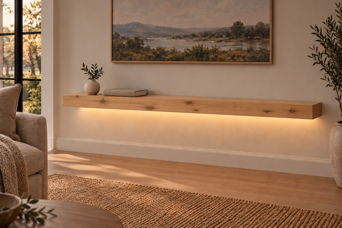 Gentry Stinson Knotty Alder Floating Shelf | 54″ long × 3″ thick | Standard Mount | Unfinished | LED Light Ready — Bottom Rear lighting view; LED tape and electrical components supplied separately