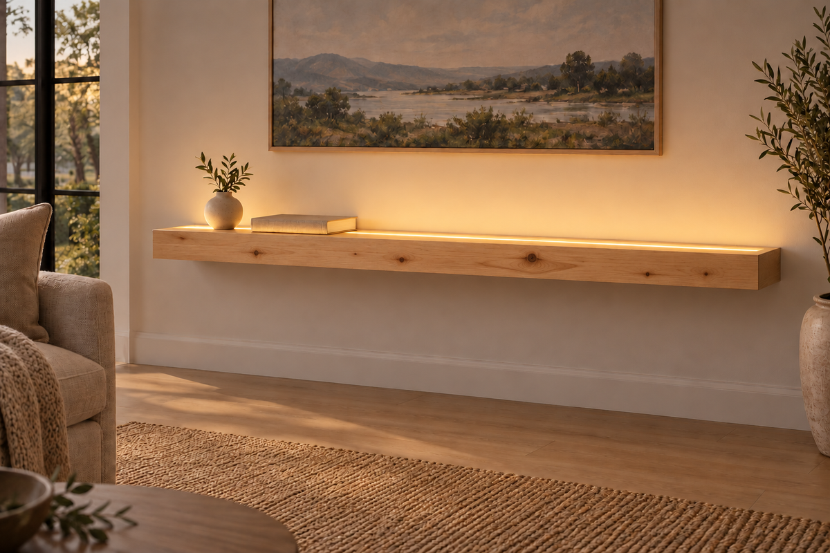 Gentry Stinson Knotty Alder Floating Shelf | 54″ long × 3″ thick | Standard Mount | Unfinished | LED Light Ready — Top Front lighting view; LED tape and electrical components supplied separately