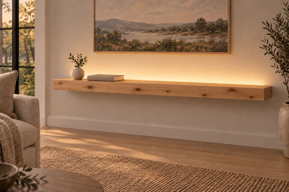 Gentry Stinson Knotty Alder Floating Shelf | 54″ long × 3″ thick | Standard Mount | Unfinished | LED Light Ready — Top Rear lighting view; LED tape and electrical components supplied separately