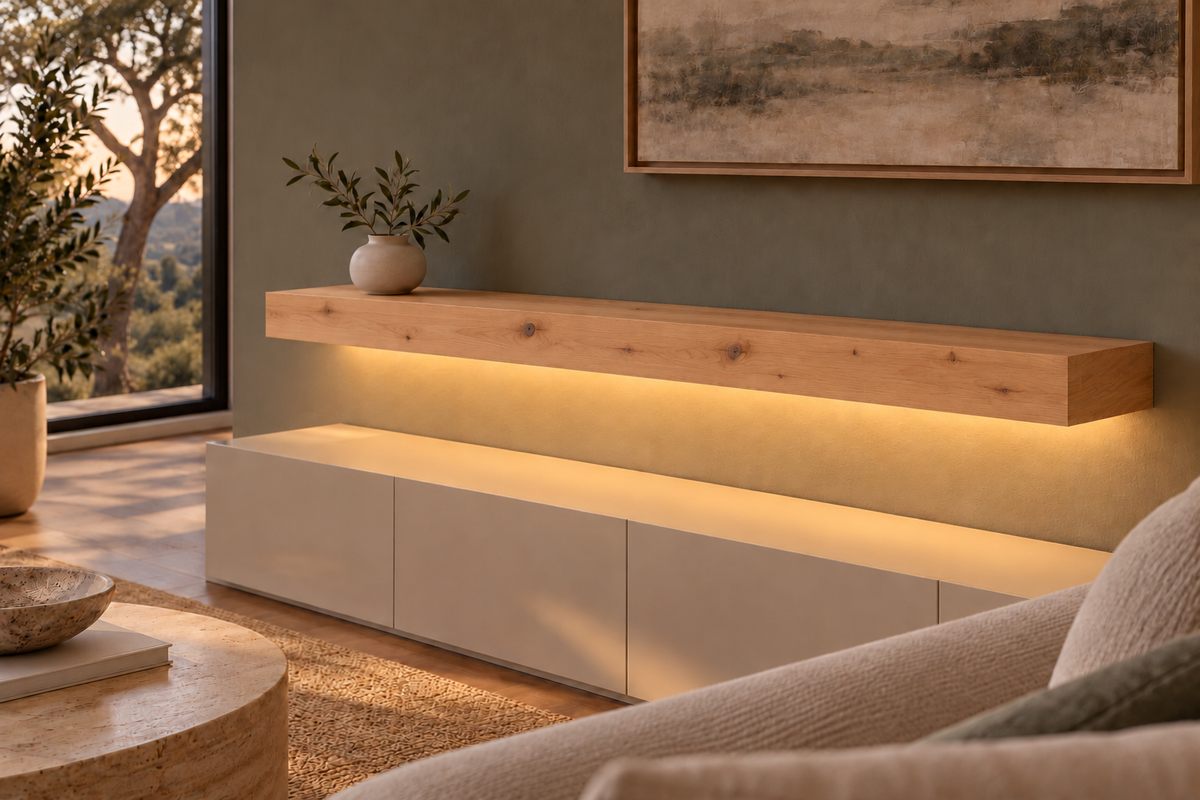 Gentry Stinson Knotty Alder Floating Shelf | 54″ long × 4″ thick | Standard Mount | Unfinished | LED Light Ready — Bottom Front room view; LED tape and electrical components supplied separately