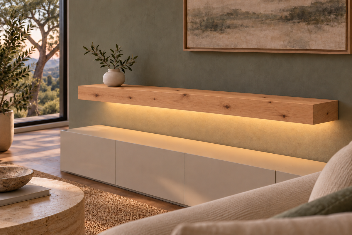 Gentry Stinson Knotty Alder Floating Shelf | 54″ long × 4″ thick | Standard Mount | Unfinished | LED Light Ready — Bottom Rear room view; LED tape and electrical components supplied separately
