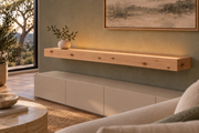 Gentry Stinson Knotty Alder Floating Shelf | 54″ long × 4″ thick | Standard Mount | Unfinished | LED Light Ready — Top Front room view; LED tape and electrical components supplied separately