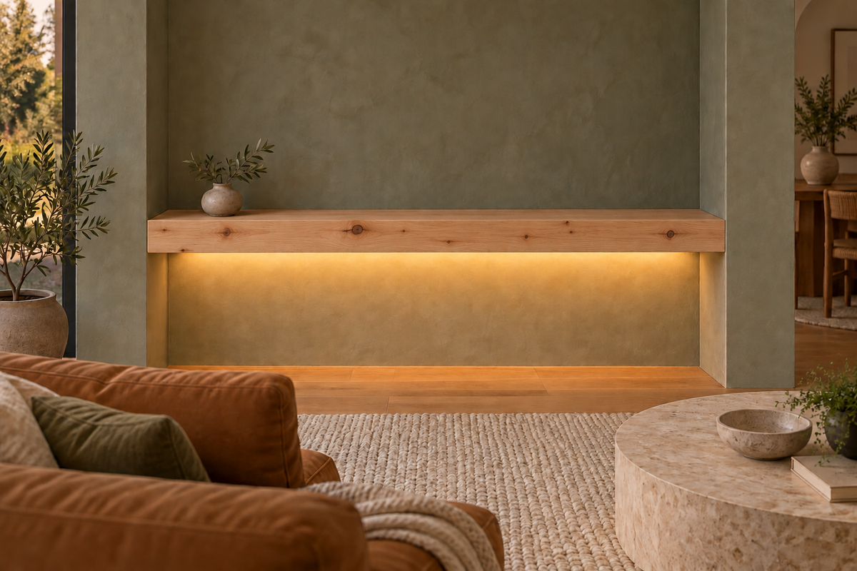 Gentry Stinson Knotty Alder Floating Shelf | 54″ long × 4″ thick | Wall to Wall | Unfinished | LED Light Ready — Bottom Rear room rendering; LED tape and electrical components supplied separately