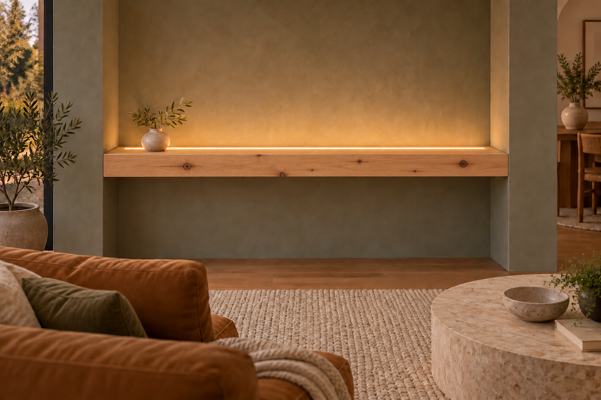 Gentry Stinson Knotty Alder Floating Shelf | 54″ long × 4″ thick | Wall to Wall | Unfinished | LED Light Ready — Top Front room rendering; LED tape and electrical components supplied separately