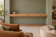Gentry Stinson Knotty Alder Floating Shelf | 54″ long × 4″ thick | Wall to Wall | Unfinished — unlit living-room rendering