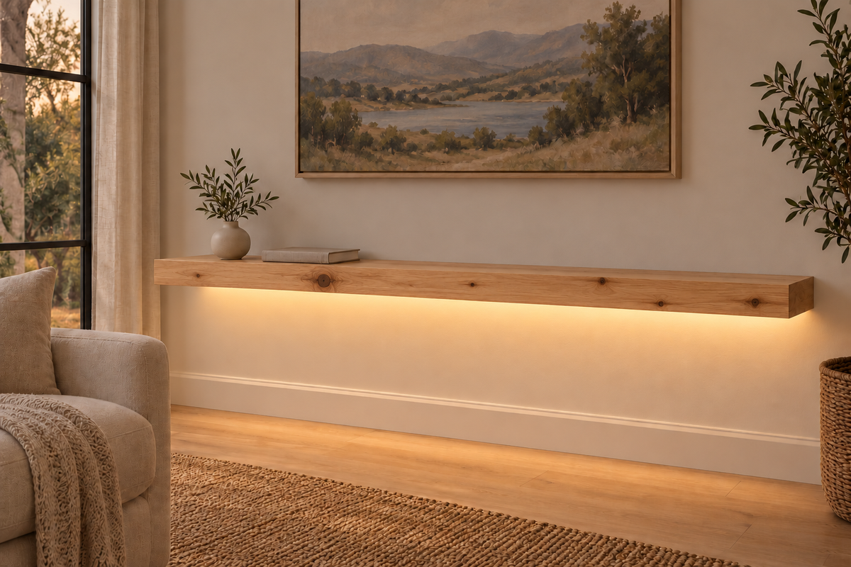 Gentry Stinson Knotty Alder Floating Shelf | 60″ long × 3″ thick | Standard Mount | Unfinished | LED Light Ready — Bottom Front room view; LED tape and electrical components supplied separately