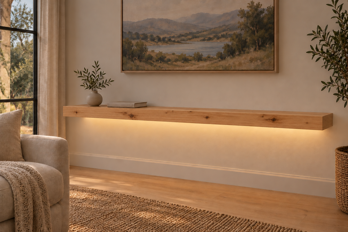 Gentry Stinson Knotty Alder Floating Shelf | 60″ long × 3″ thick | Standard Mount | Unfinished | LED Light Ready — Bottom Rear room view; LED tape and electrical components supplied separately