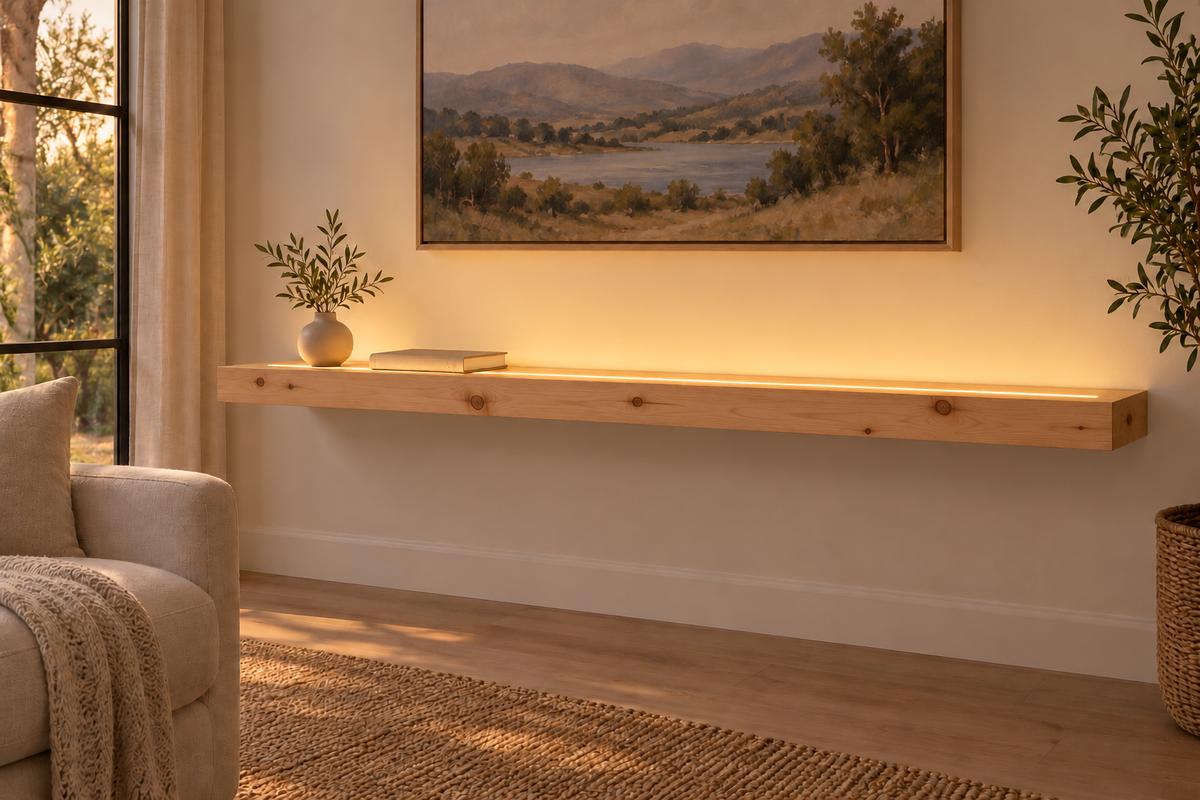 Gentry Stinson Knotty Alder Floating Shelf | 60″ long × 3″ thick | Standard Mount | Unfinished | LED Light Ready — Top Front room view; LED tape and electrical components supplied separately