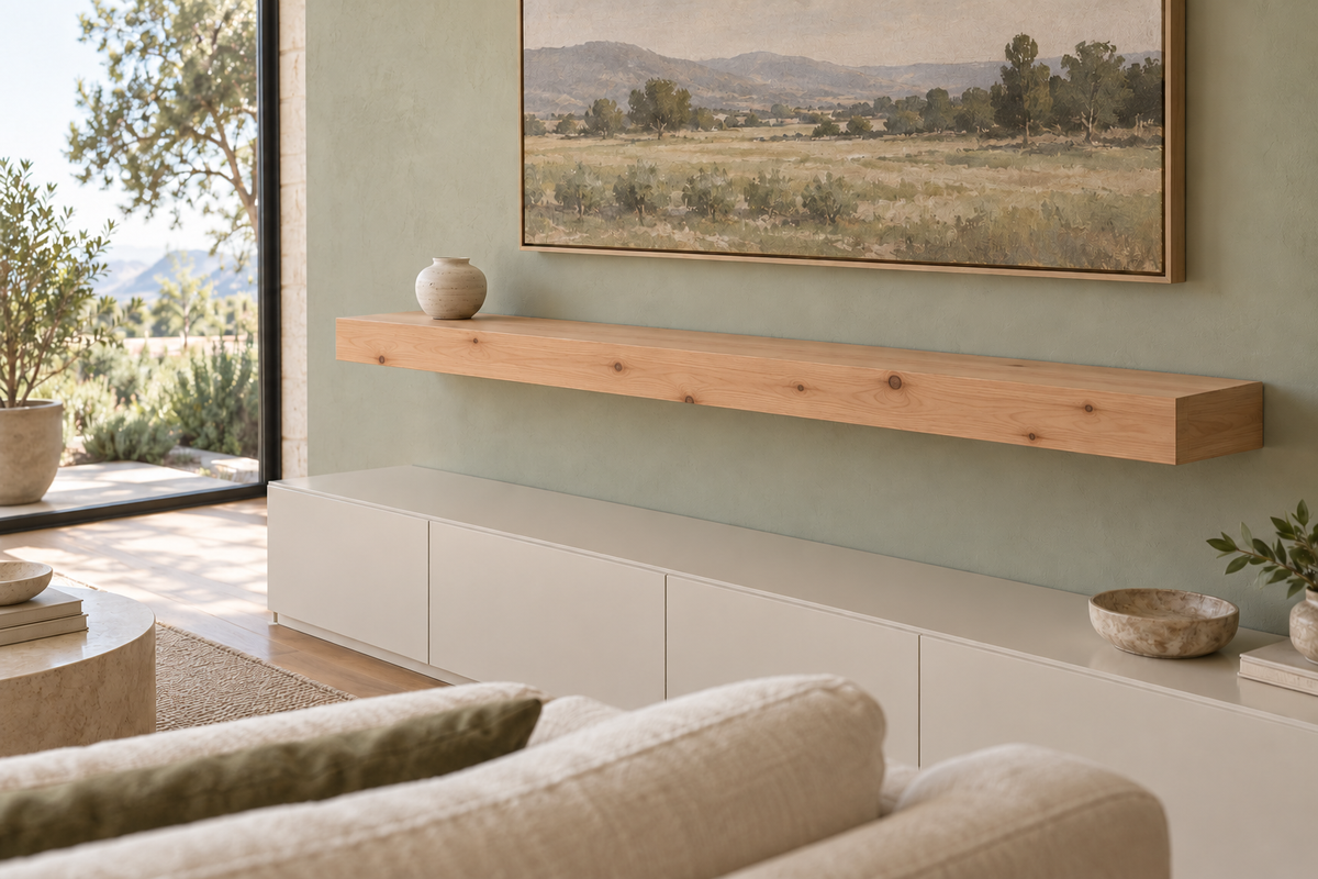 Gentry Stinson Knotty Alder Floating Shelf | 60″ long × 4″ thick | Standard Mount | Unfinished — unlit living-room rendering