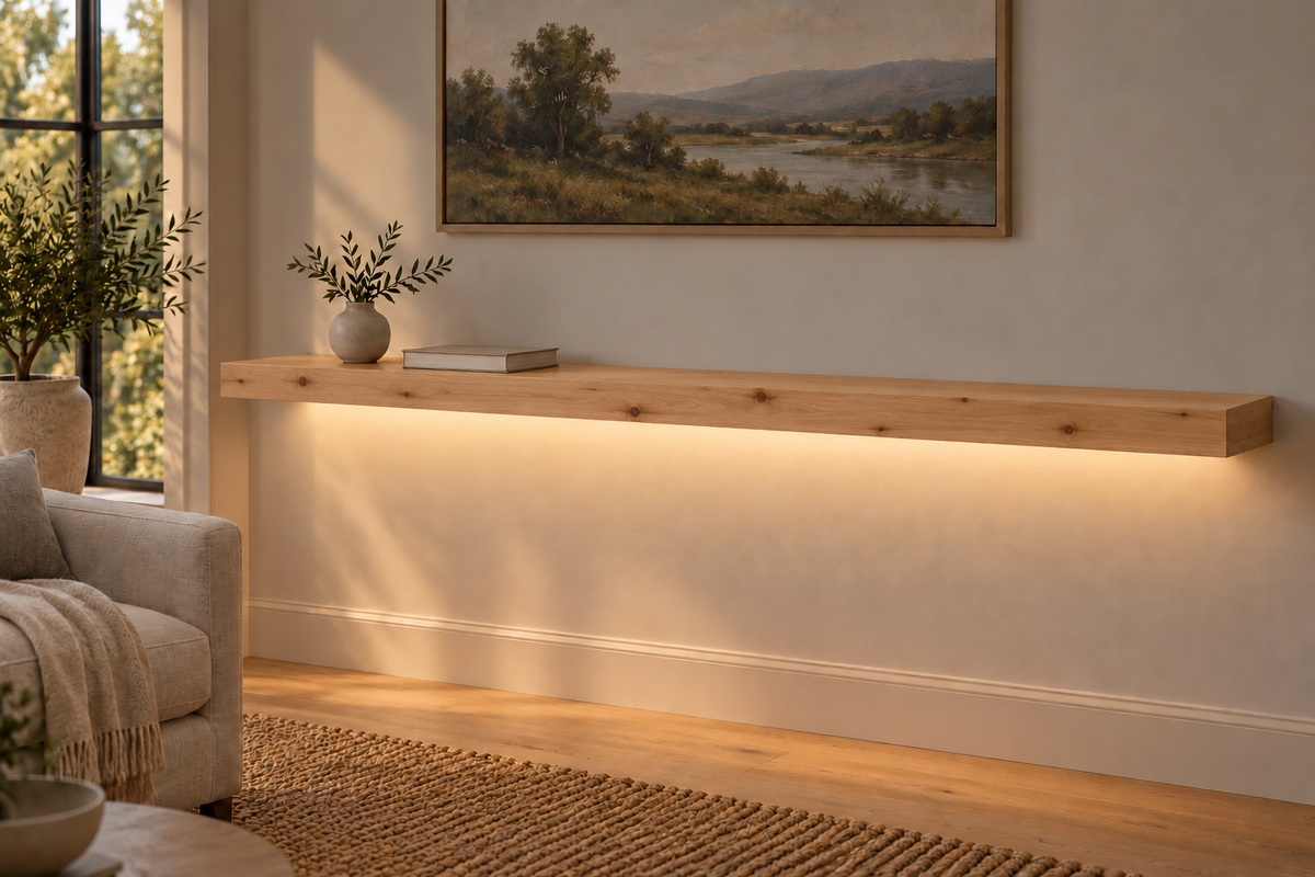 Gentry Stinson Knotty Alder Floating Shelf | 66″ × 10″ × 3″ | Standard Mount | Unfinished | LED Light Ready — Bottom Front room view; LED tape and electrical components supplied separately