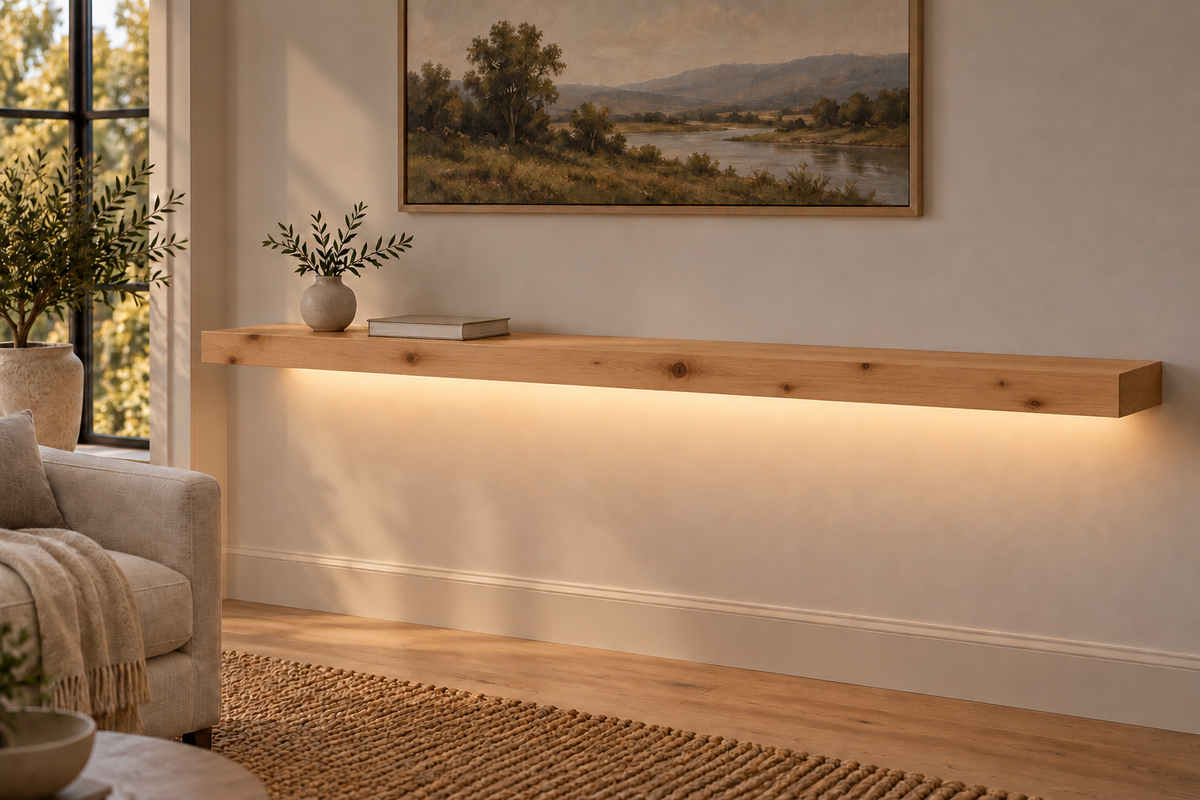 Gentry Stinson Knotty Alder Floating Shelf | 66″ × 10″ × 3″ | Standard Mount | Unfinished | LED Light Ready — Bottom Rear room view; LED tape and electrical components supplied separately