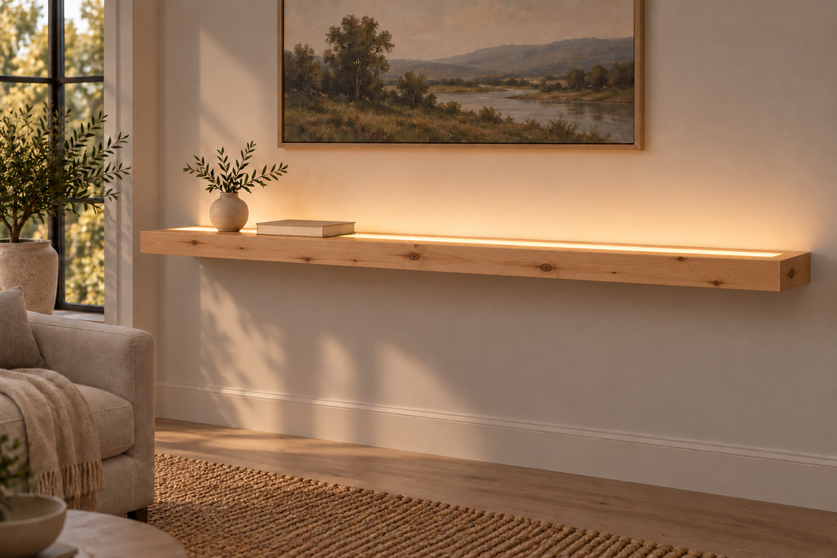 Gentry Stinson Knotty Alder Floating Shelf | 66″ × 10″ × 3″ | Standard Mount | Unfinished | LED Light Ready — Top Front room view; LED tape and electrical components supplied separately