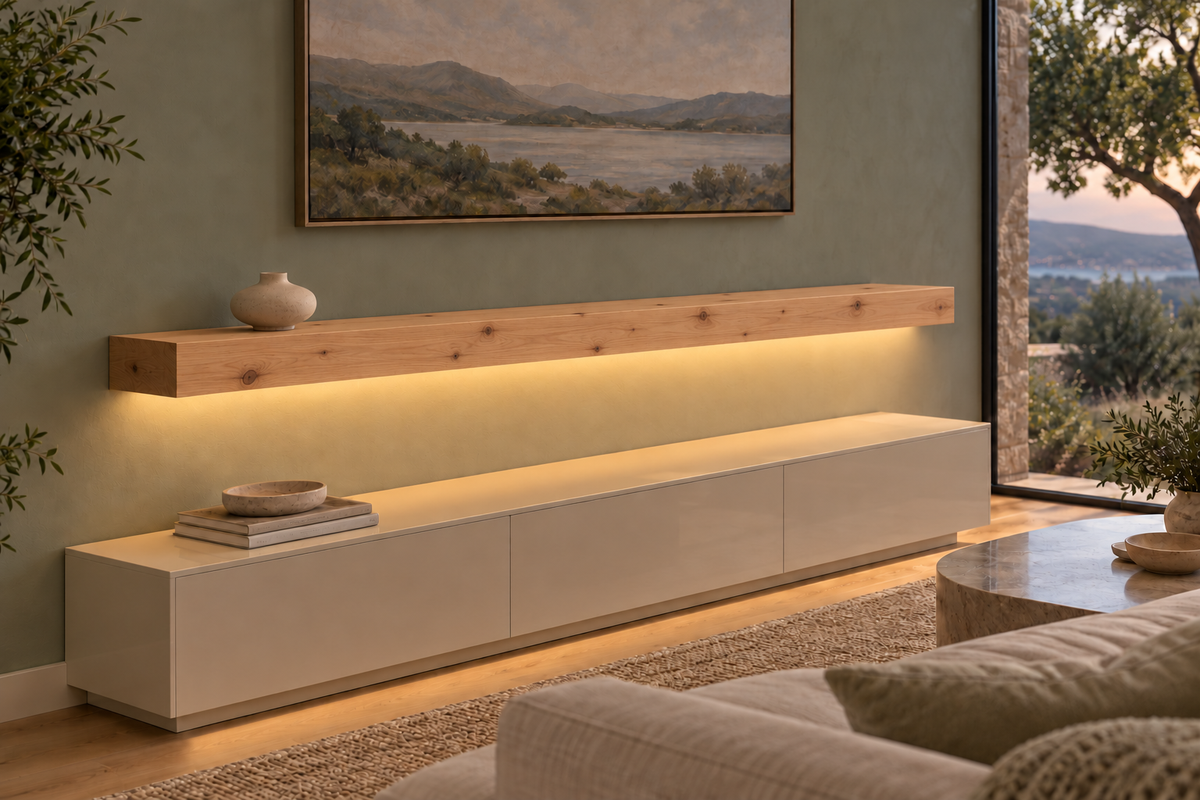 Gentry Stinson Knotty Alder Floating Shelf | 66″ × 10″ × 4″ | Standard Mount | Unfinished | LED Light Ready — Bottom Front room view; LED tape and electrical components supplied separately