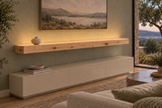 Gentry Stinson Knotty Alder Floating Shelf | 66″ × 10″ × 4″ | Standard Mount | Unfinished | LED Light Ready — Top Front room view; LED tape and electrical components supplied separately