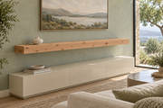 Gentry Stinson Knotty Alder Floating Shelf | 66″ × 10″ × 4″ | Standard Mount | Unfinished — unlit living-room rendering