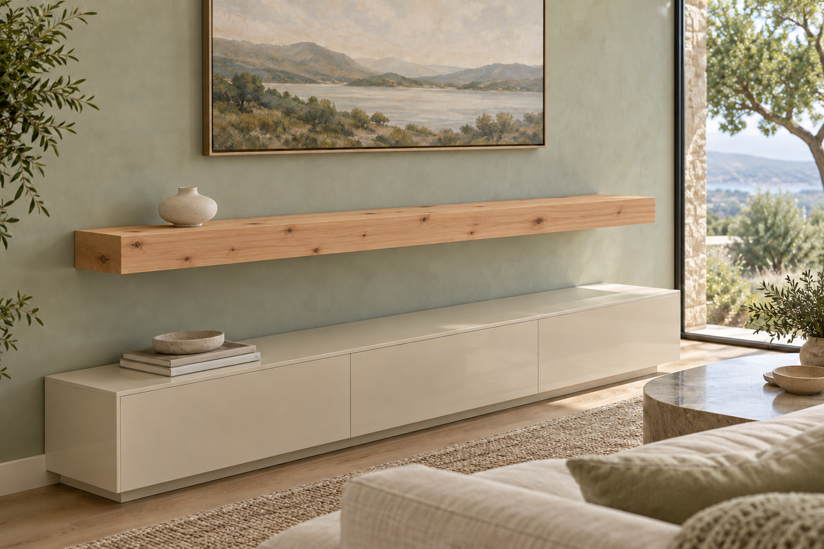 Gentry Stinson Knotty Alder Floating Shelf | 66″ × 10″ × 4″ | Standard Mount | Unfinished — unlit living-room rendering