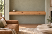 Gentry Stinson Knotty Alder Floating Shelf | 66″ × 10″ × 4″ | Wall to Wall | Unfinished — unlit living-room rendering