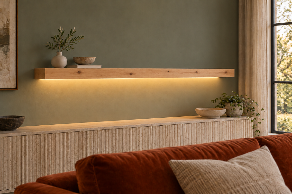 Gentry Stinson Knotty Alder Floating Shelf | 66″ × 8″ × 3″ | Standard Mount | Unfinished | LED Light Ready — Bottom Front room view; LED tape and electrical components supplied separately