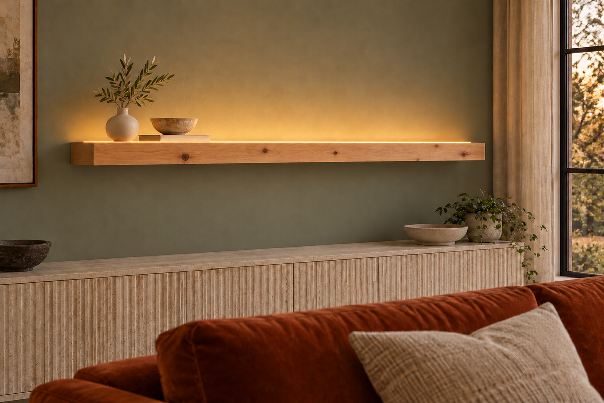 Gentry Stinson Knotty Alder Floating Shelf | 66″ × 8″ × 3″ | Standard Mount | Unfinished | LED Light Ready — Top Front room view; LED tape and electrical components supplied separately
