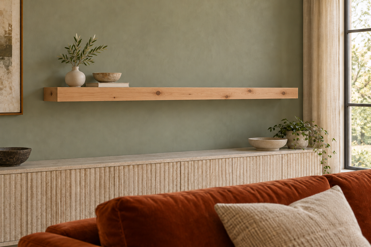 Gentry Stinson Knotty Alder Floating Shelf | 66″ × 8″ × 3″ | Standard Mount | Unfinished — unlit living-room rendering