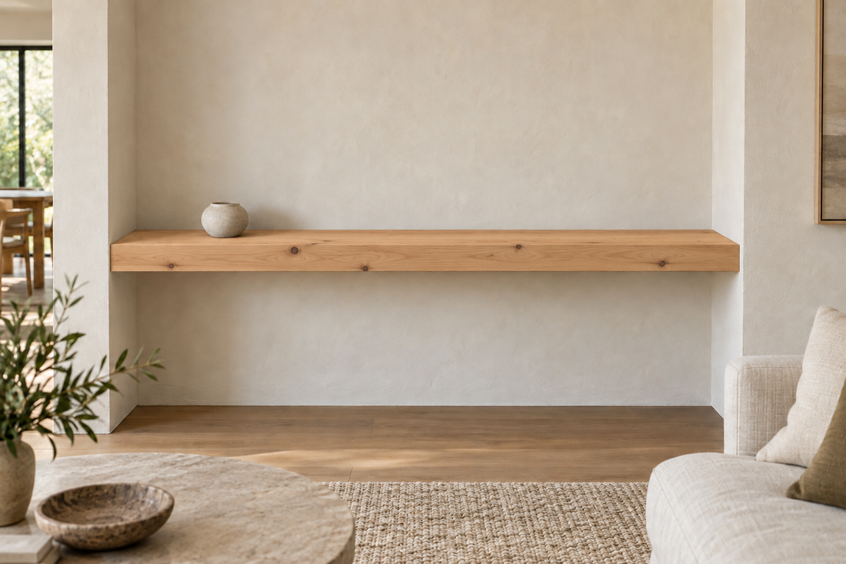 Gentry Stinson Knotty Alder Floating Shelf | 66″ × 8″ × 3″ | Wall to Wall | Unfinished — unlit living-room rendering