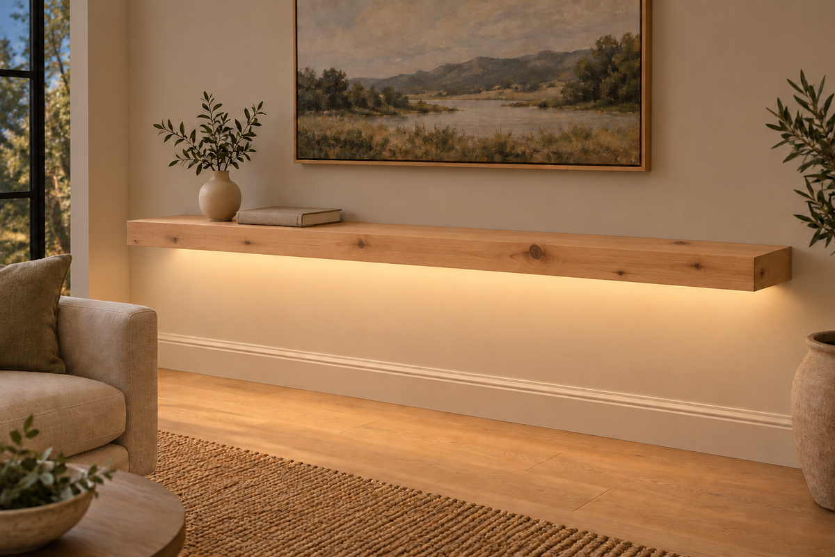 Gentry Stinson Knotty Alder Floating Shelf | 72″ × 10″ × 3″ | Standard Mount | Unfinished | LED Light Ready — Bottom Front room view; LED tape and electrical components supplied separately