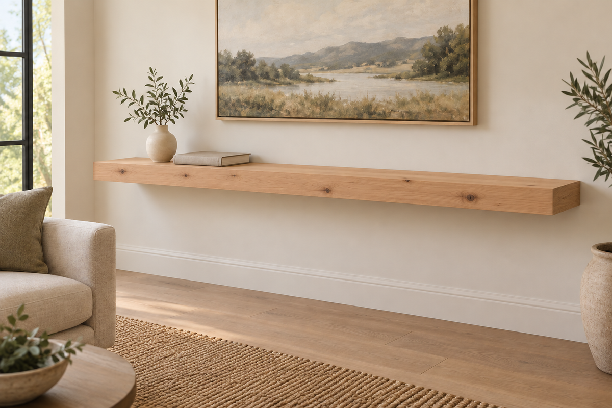 Gentry Stinson Knotty Alder Floating Shelf | 72″ × 10″ × 3″ | Standard Mount | Unfinished — unlit living-room rendering