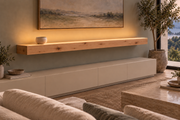 Gentry Stinson Knotty Alder Floating Shelf | 72″ × 10″ × 4″ | Standard Mount | Unfinished | LED Light Ready — Top Front room view; LED tape and electrical components supplied separately