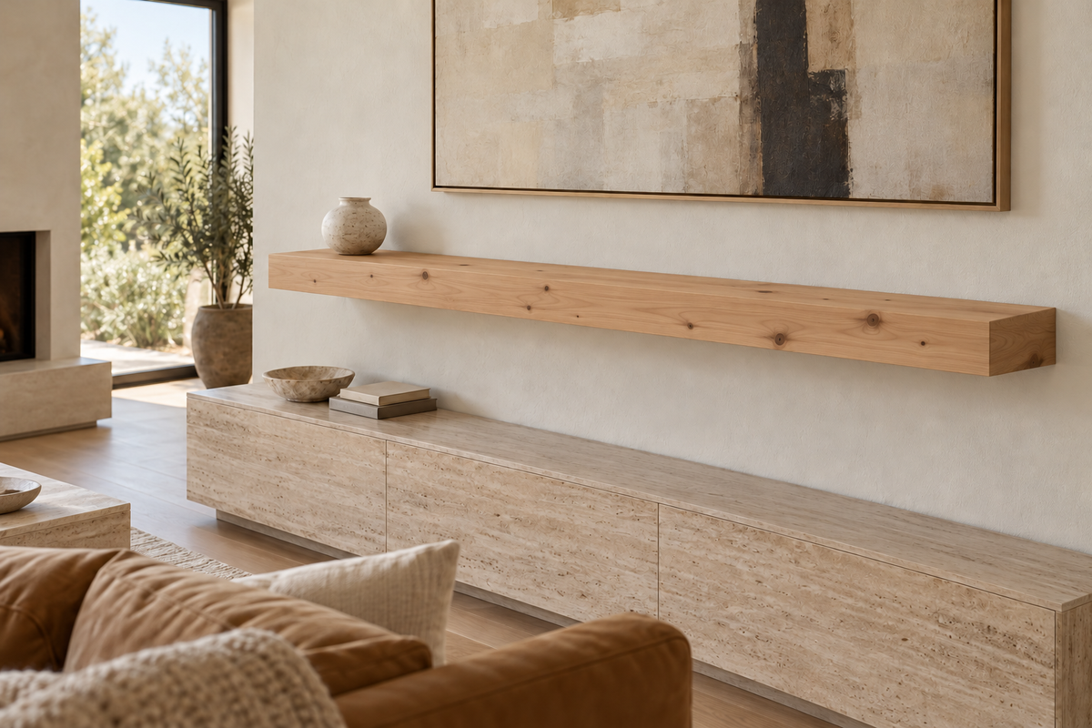 Gentry Stinson Knotty Alder Floating Shelf | 72″ × 8″ × 4″ | Standard Mount | Unfinished — unlit living-room rendering