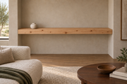 Gentry Stinson Knotty Alder Floating Shelf | 72″ × 8″ × 4″ | Wall to Wall | Unfinished — unlit living-room rendering