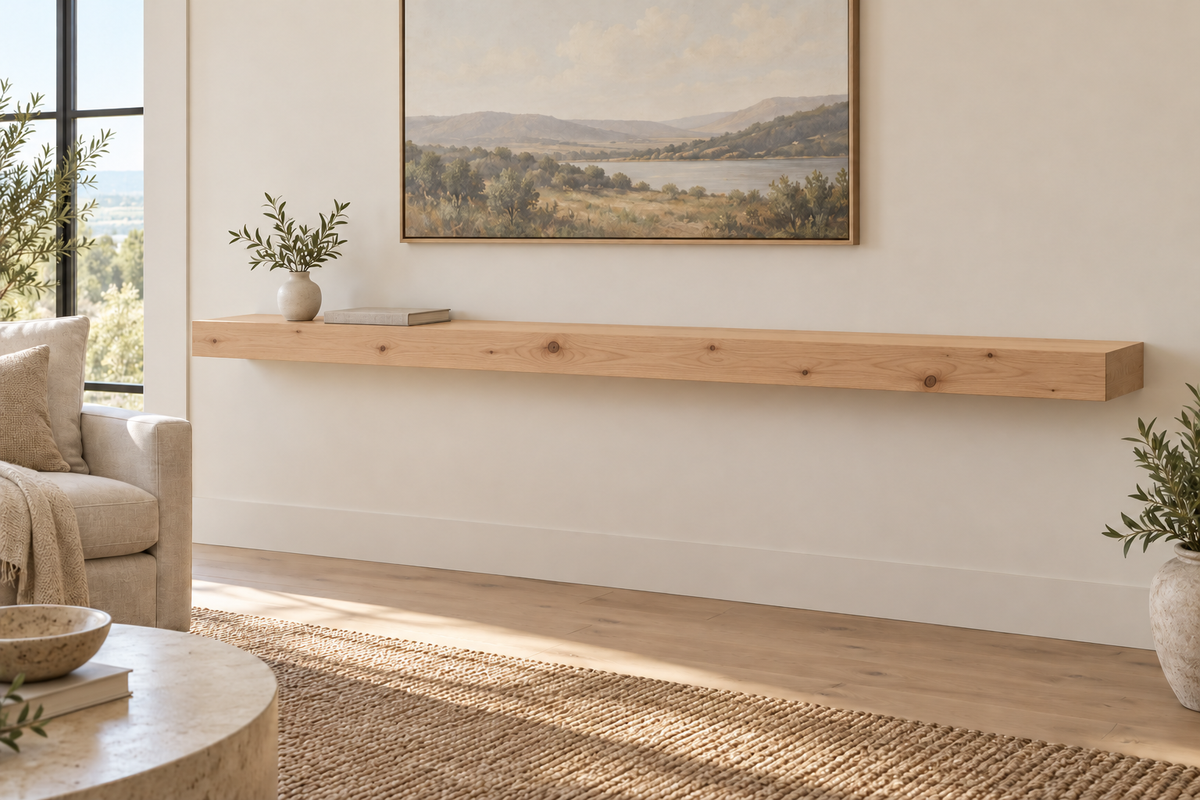 Gentry Stinson Knotty Alder Floating Shelf | 78″ × 10″ × 3″ | Standard Mount | Unfinished — unlit living-room rendering