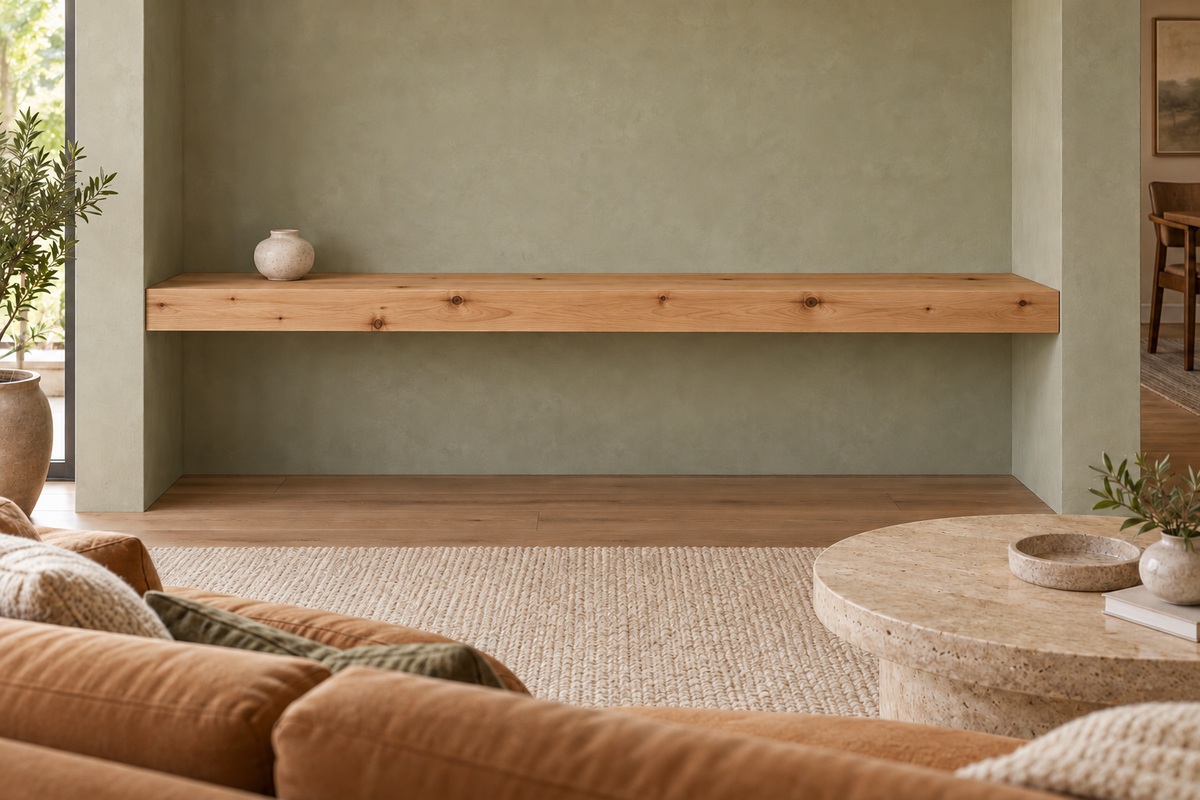 Gentry Stinson Knotty Alder Floating Shelf | 78″ × 10″ × 4″ | Wall to Wall | Unfinished — unlit living-room rendering