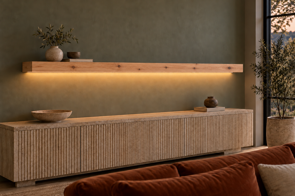 Gentry Stinson Knotty Alder Floating Shelf | 78″ × 8″ × 3″ | Standard Mount | Unfinished | LED Light Ready — Bottom Front room view; LED tape and electrical components supplied separately