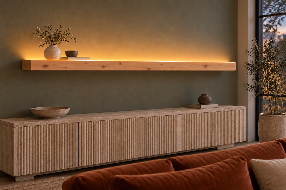 Gentry Stinson Knotty Alder Floating Shelf | 78″ × 8″ × 3″ | Standard Mount | Unfinished | LED Light Ready — Top Front room view; LED tape and electrical components supplied separately