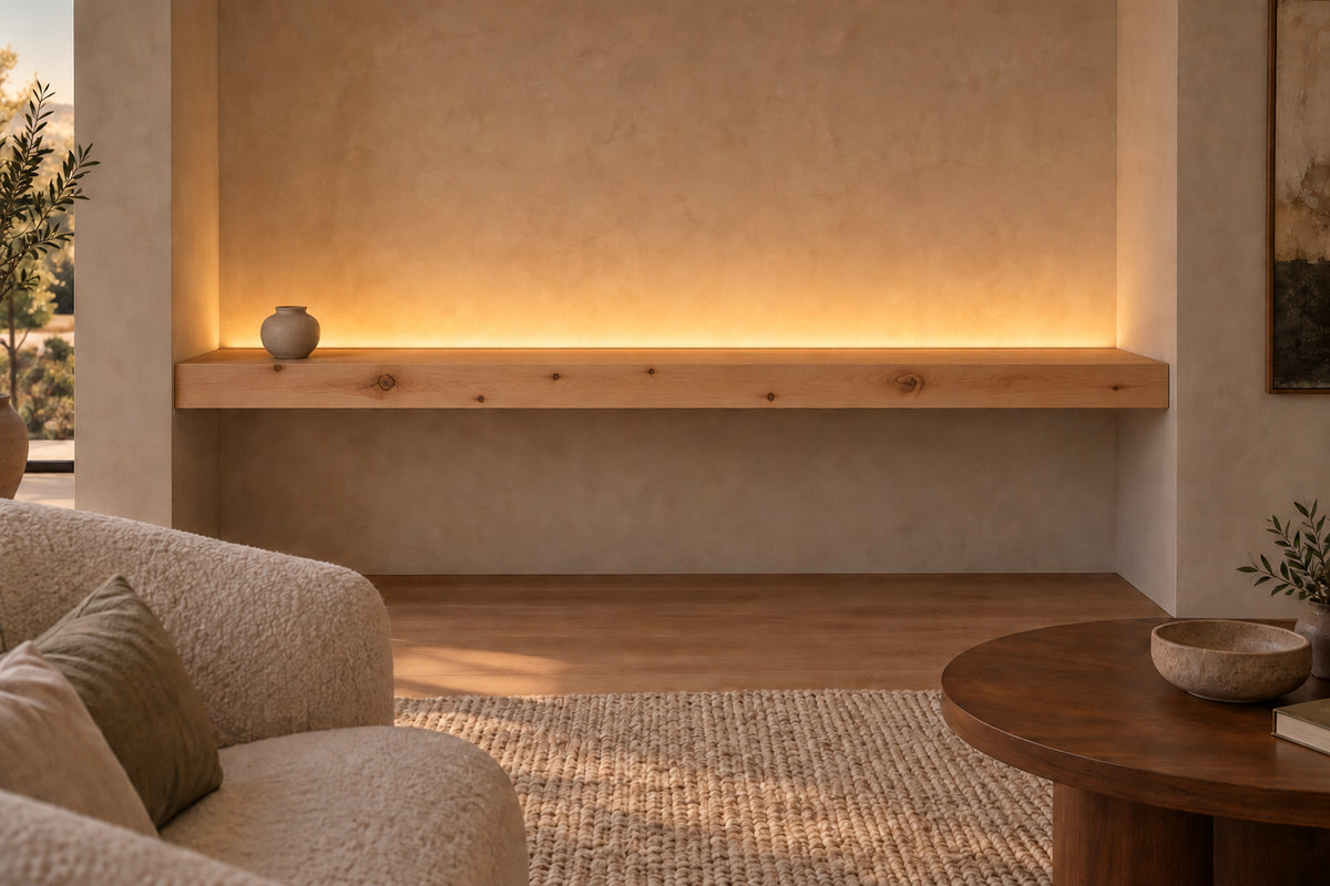 Gentry Stinson Knotty Alder Floating Shelf | 78″ × 8″ × 4″ | Wall to Wall | Unfinished | LED Light Ready — Top Rear room rendering; LED tape and electrical components supplied separately