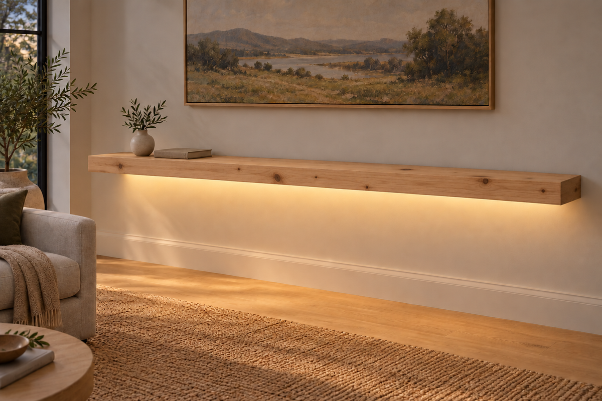 Gentry Stinson Knotty Alder Floating Shelf | 84″ × 10″ × 3″ | Standard Mount | Unfinished | LED Light Ready — Bottom Front lighting view; LED tape and electrical components supplied separately